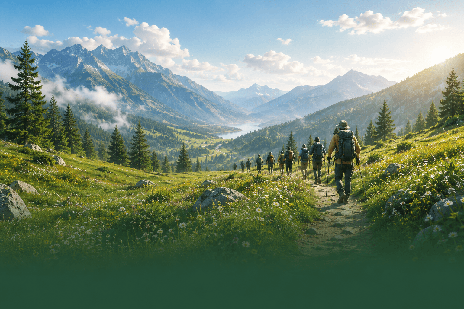 Nhóm du khách trekking giữa thung lũng núi rừng
